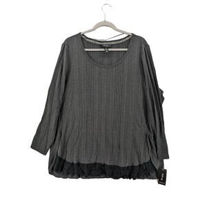 Style & Co Blouse‎ 2X Gray Lace Trim Hi Low Plus Long Sleeves Side Slit Crochet